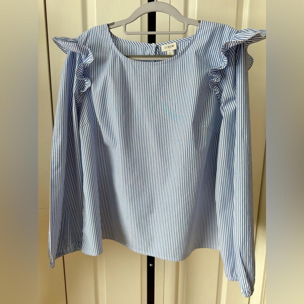 J. Crew Blue and White Striped Blouse with Ruffle Sleeves - Picture 6 of 13